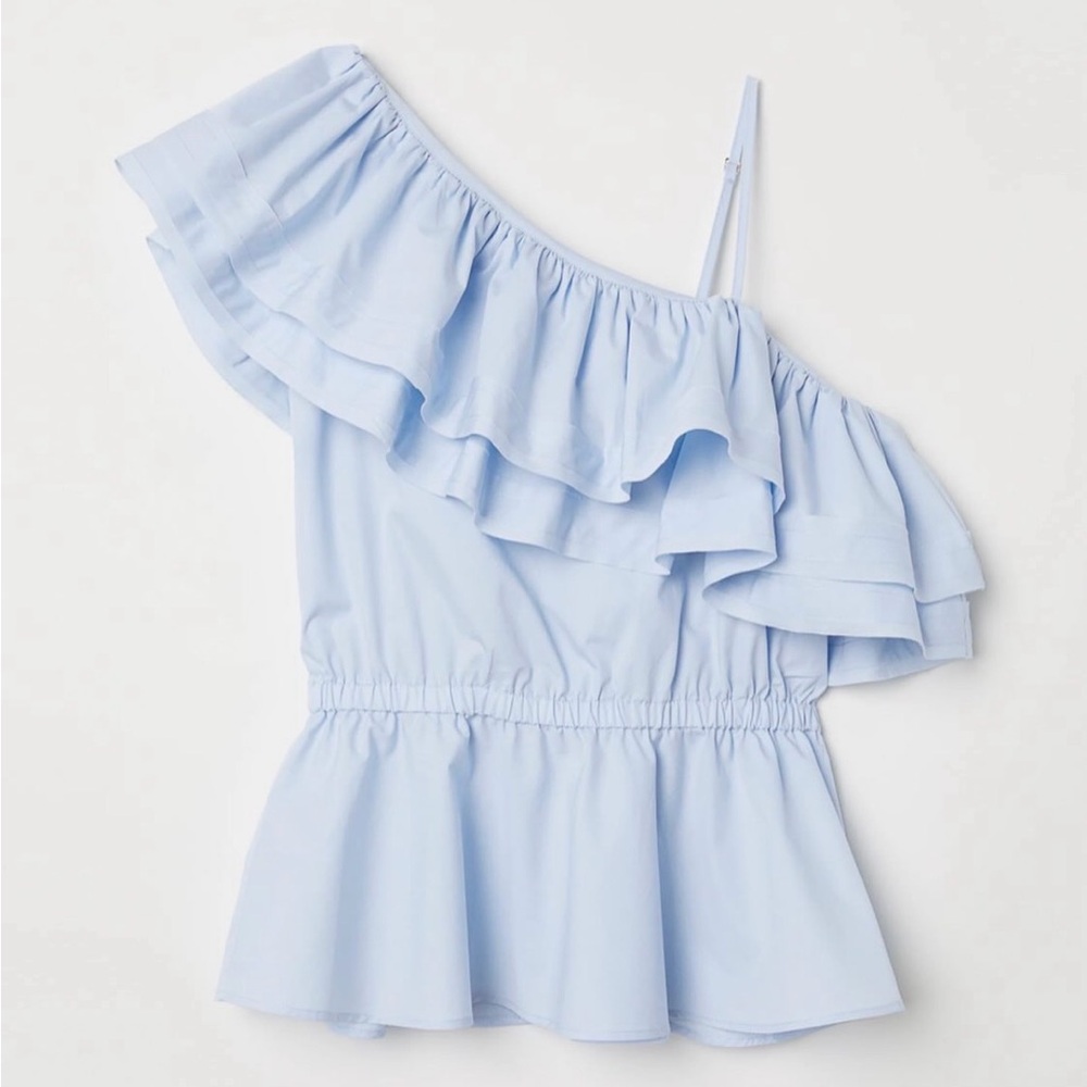 Light Blue Ruffled One-Shoulder Top Gameday